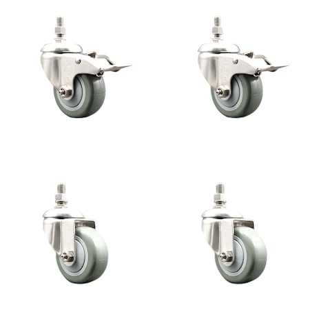 Service Caster 3 Inch 316SS Gray Polyurethane 1/2 Inch Threaded Stem Caster Lock Brake SCC, 2PK SCC-SS316TSTTL20S314-PPUB-121315-2S2